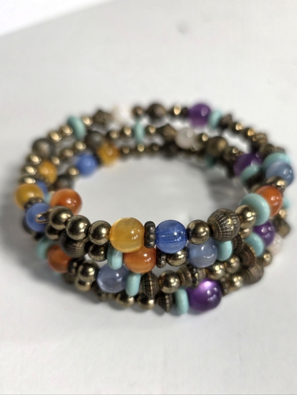 Multicolor Beaded Coil Bracelet - Gold Blue Orange Purple Yellow Women's Jewelry